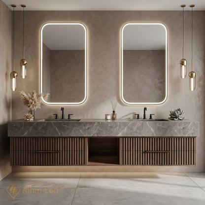 60''-96'' Double Bathroom Vanity with Sink Slate Grey Stone Top Fluted Wood