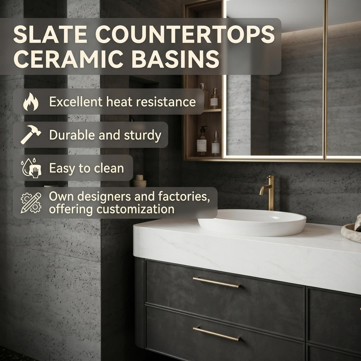 60''-96'' Double Bathroom Vanity with Sink Modern Floating Stone-Like Finish Deep Drawers