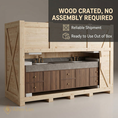60''-96'' Double Bathroom Vanity with Sink Dark Walnut Slatted Center Deep Drawers