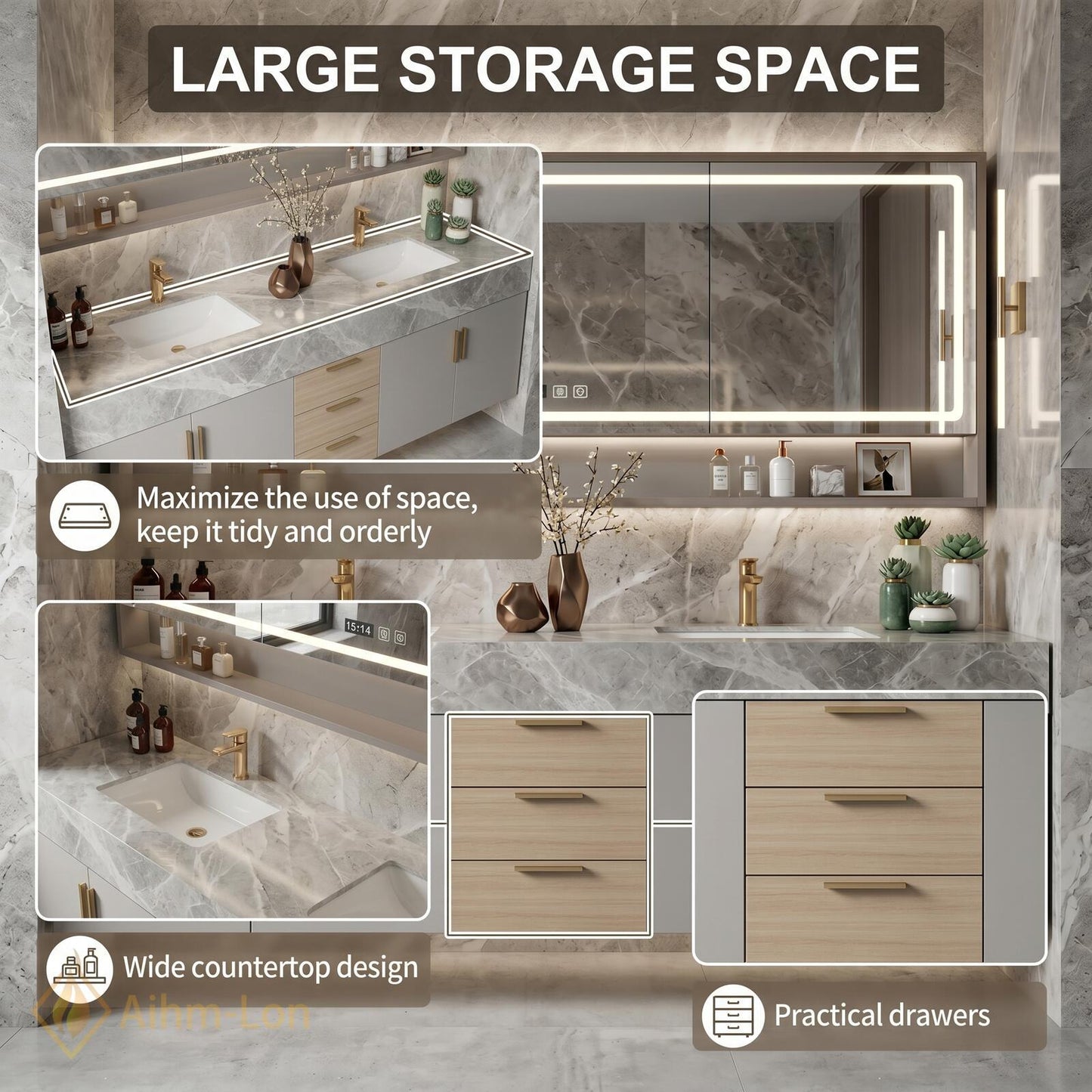 60''-96'' Double Bathroom Vanity with Sink Modern Floating Marble Drawer Storage Vein