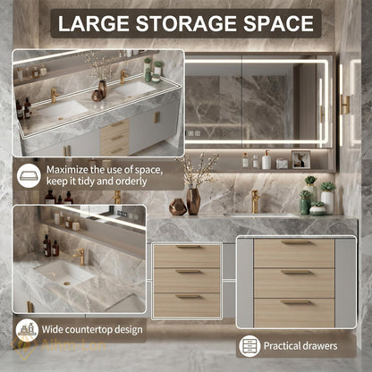 60''-96'' Double Bathroom Vanity with Sink Modern Floating Marble Drawer Storage Vein