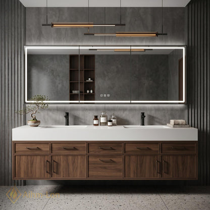 60''-96'' Double Bathroom Vanity with Sink Dark Walnut Finish Floating Modern Slatted