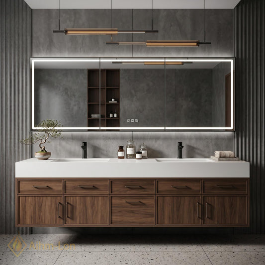 60''-96'' Double Bathroom Vanity with Sink Dark Walnut Finish Floating Modern Slatted