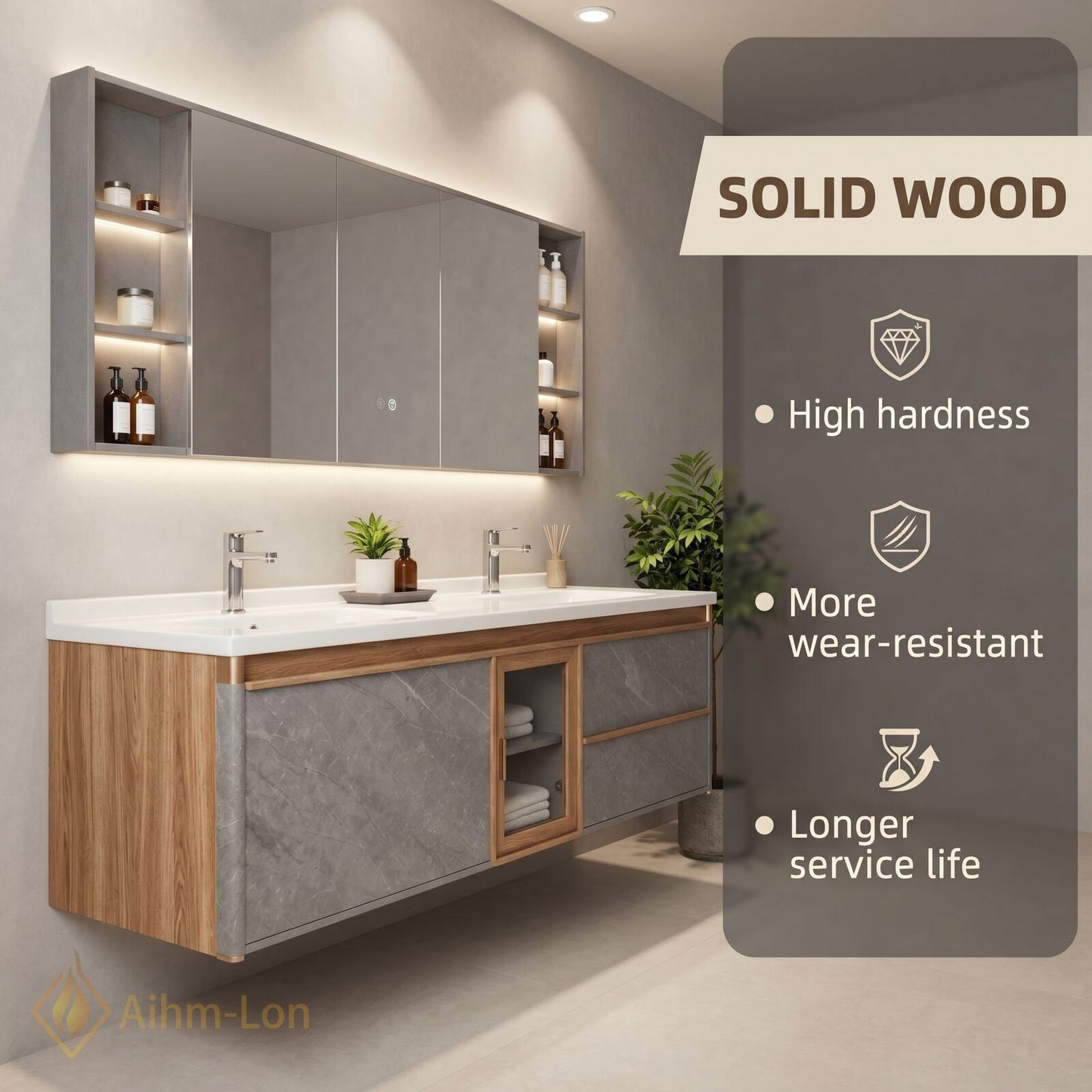 60''-96'' Double Bathroom Vanity with Sink Grey Marble Patterned Natural Wood Grains Cabinet