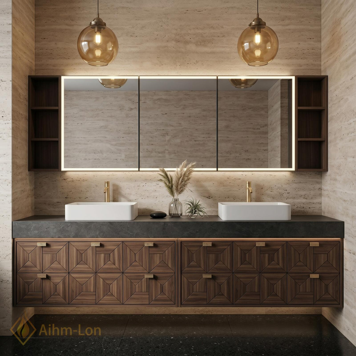 60''-96'' Double Bathroom Vanity with Sink Modern Floating Geometric Walnut Doors Side