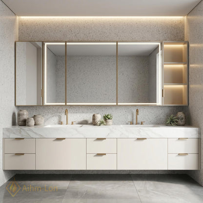 72''-96'' Double Bathroom Vanity with Sink White Gold Floating Marble-Top Hardware