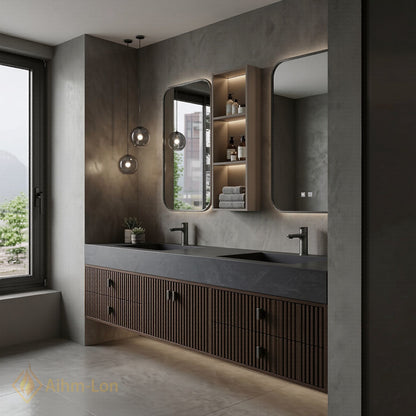 60''-96'' Double Bathroom Vanity with Sink Floating Wall-Mounted Cabinet Dark Stone Surface