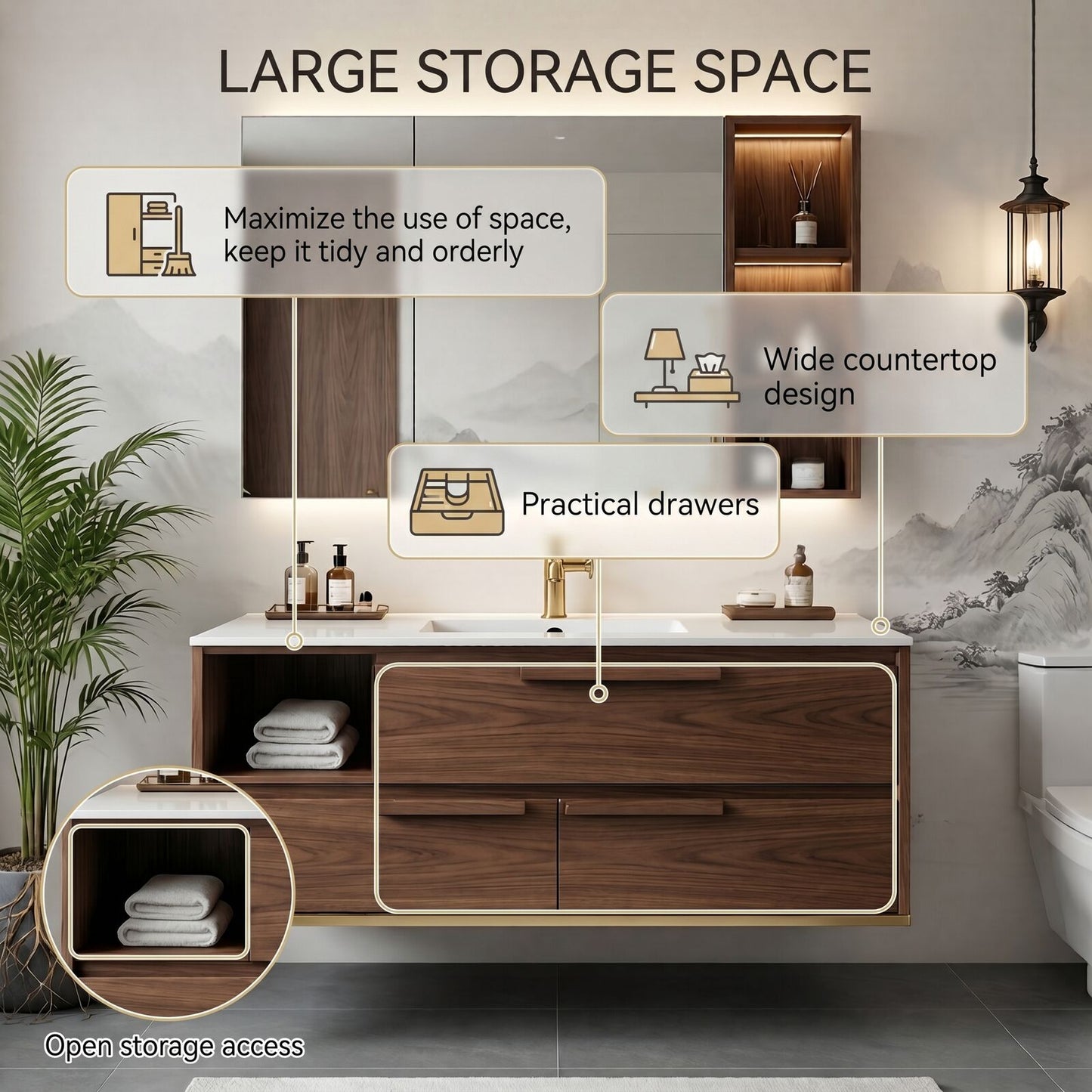 36''-64'' Floating Bathroom Vanity with Sink Dark Wood Grain Open Shelf Cabinet