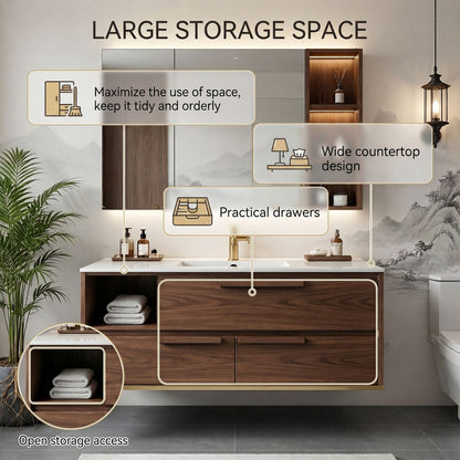 36''-64'' Floating Bathroom Vanity with Sink Dark Wood Grain Open Shelf Cabinet