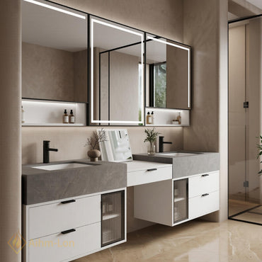 72''-96'' Double Bathroom Vanity with Sink Grey Modern Floating Marble Glass Door