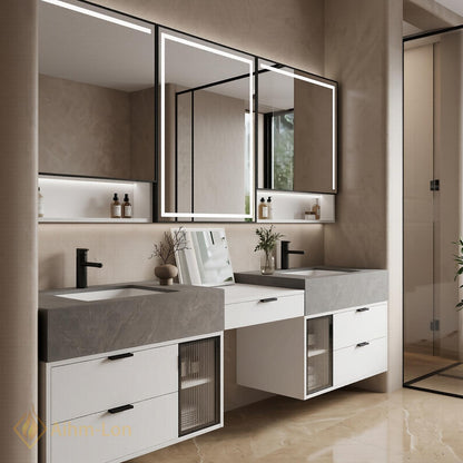 72''-96'' Double Bathroom Vanity with Sink Grey Modern Floating Marble Glass Door