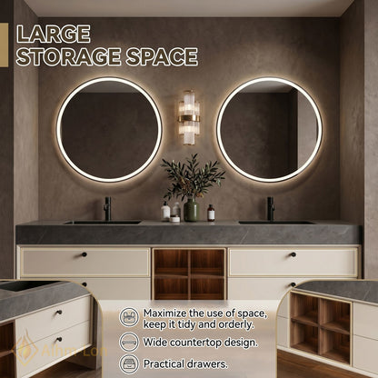 60''-96'' Double Bathroom Vanity with Sink Dark Grey Stone Drawer Cabinet Layout