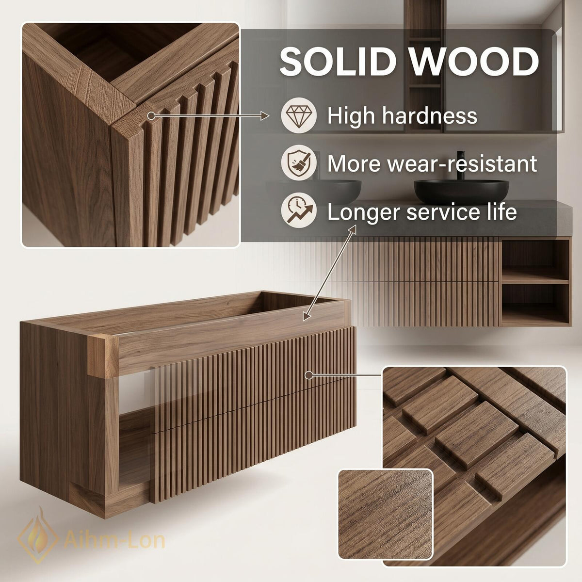 60''-96'' Double Bathroom Vanity with Sink Modern Floating Dark Wood Slats Concrete Top