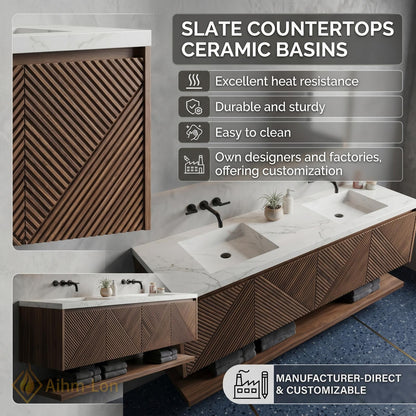 70''-96'' Modern Floating Bathroom Vanity with Sink Slatted Geometric Panels Marble Top