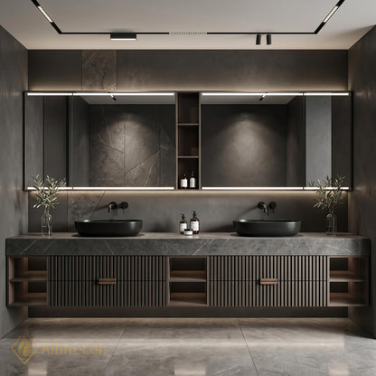 60''-96'' Double Bathroom Vanity with Sink Dark Stone Slatted Front Wide Shelving