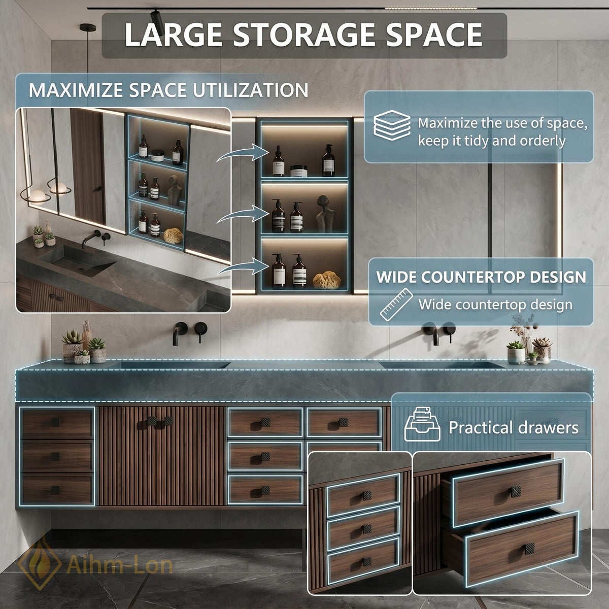76''-96'' Double Bathroom Vanity with Sink Dual Basins Dark Walnut Spacious Organization