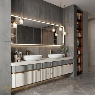 78''-96'' Modern Double Bathroom Vanity with Sink Floating Fluted Panel Two-Tone Finish