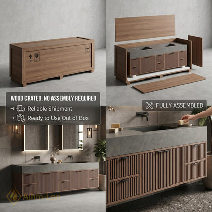 70''-96'' Modern Double Bathroom Vanity with Sink Floating Dark Wood Ridged Doors