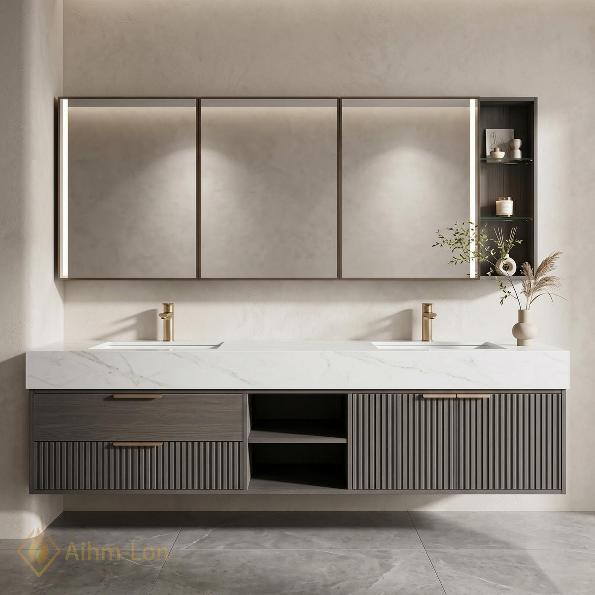 60''-96'' Double Bathroom Vanity with Sink Dark Stone Fluted Glass Panels Storage