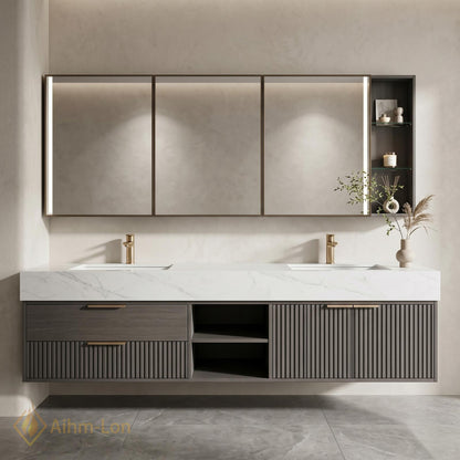 60''-96'' Double Bathroom Vanity with Sink Dark Stone Fluted Glass Panels Storage