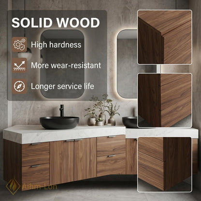 74''-96'' Double Bathroom Vanity with Sink Modern Floating Stone Countertop Storage Wide