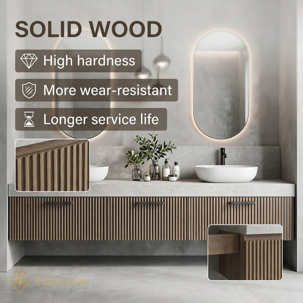 60''-96'' Double Bathroom Vanity with Sink Slatted Grey Panels Stone Top Floating