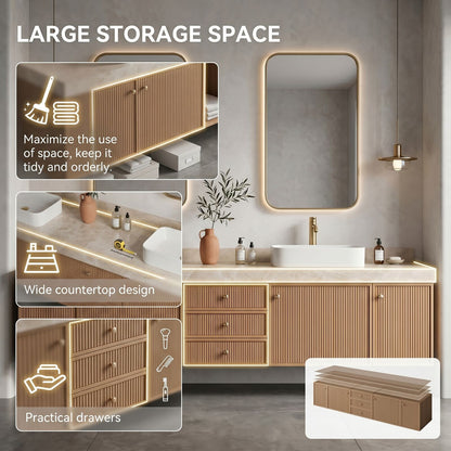 72''-96'' Modern Bathroom Vanity with Sink Fluted Wood Paneling Cream Stone Top