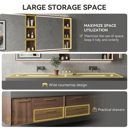 60''-96'' Double Bathroom Vanity with Sink Floating Warm Wood-Grain Finish Drawer Unit