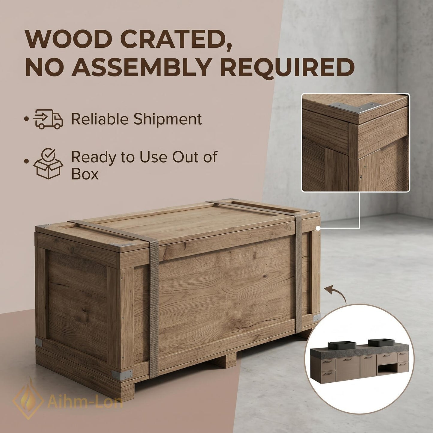60''-96'' Double Bathroom Vanity with Sink Grey-Wood Modern Floating Grain Storage