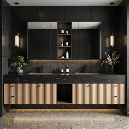 70''-96'' Bathroom Vanity with Sink Modern Floating Slatted Center Panel Open Shelving