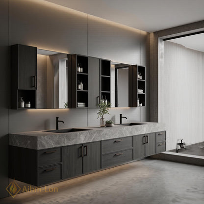 76''-96'' Modern Bathroom Vanity with Sink Floating Grey Stone Dark Wood Drawers