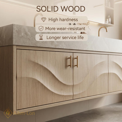 60''-96'' Double Bathroom Vanity with Sink Sculpted Wave Light Wood Grain Spacious
