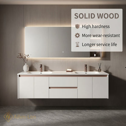 60''-96'' Wide Bathroom Vanity with Sink Matte White Double Sink Spacious Mirror Cabinet