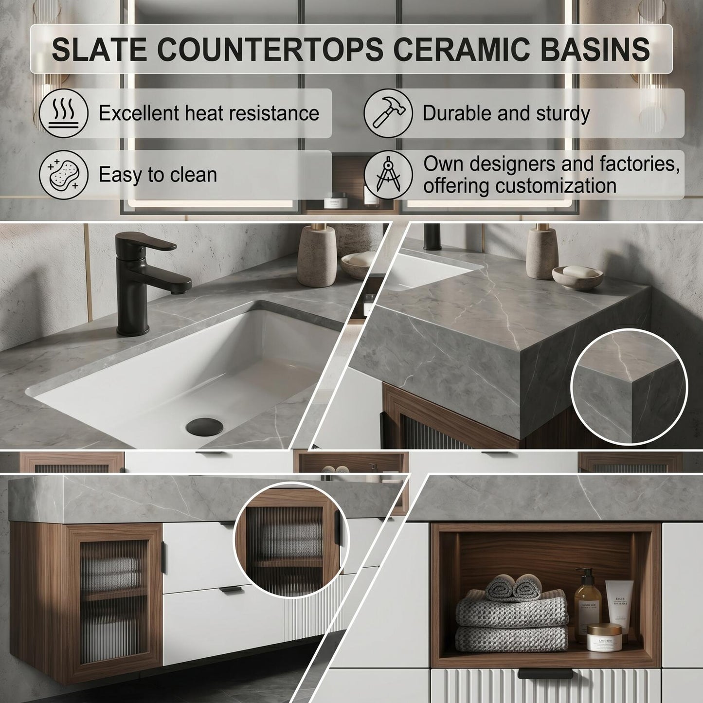 60''-96'' Modern Bathroom Vanity with Sink Double Sink Grey Stone Top Veneer Doors Cabinet