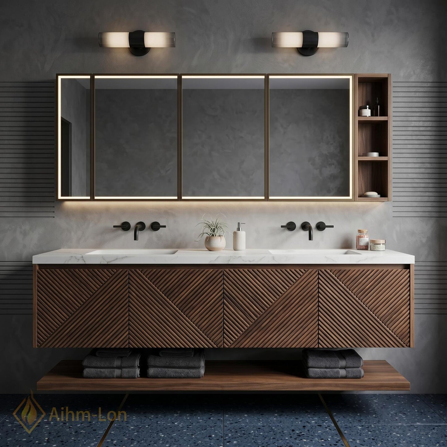 70''-96'' Modern Floating Bathroom Vanity with Sink Slatted Geometric Panels Marble Top