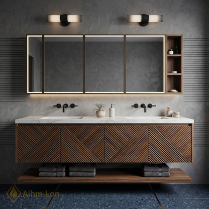 70''-96'' Modern Floating Bathroom Vanity with Sink Slatted Geometric Panels Marble Top