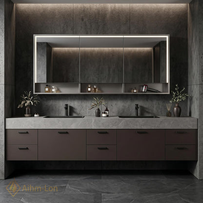 70''-96'' Double Bathroom Vanity with Sink Dark Stone Finish Slatted Center Panel