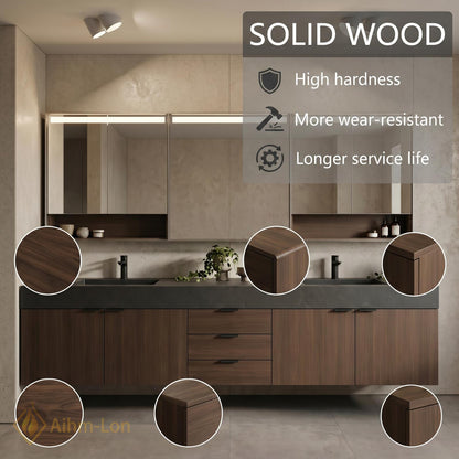 60''-96'' Double Bathroom Vanity with Sink Modern Floating Dark Walnut Grain Drawers