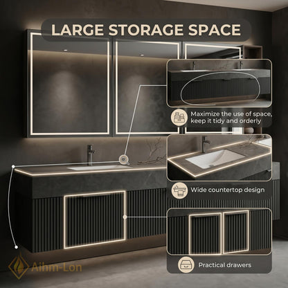 60''-96'' Double Bathroom Vanity with Sink Floating Slatted Matte Grey Stone Top