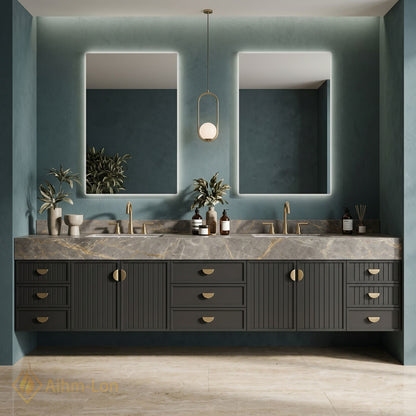 76''-96'' Double Bathroom Vanity with Sink Modern Solid-Wood Wood-Grain Marble-look Stone-Top Drawer-Storage