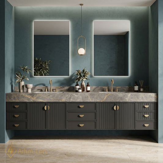 76''-96'' Double Bathroom Vanity with Sink Modern Solid-Wood Wood-Grain Marble-look Stone-Top Drawer-Storage