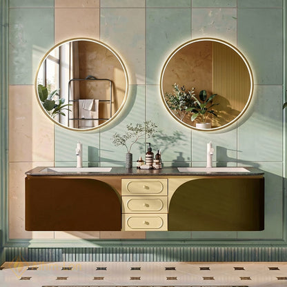 60''-96'' Double Bathroom Vanity with Sink Curved Doors Matte Metallic Cabinet Drawers