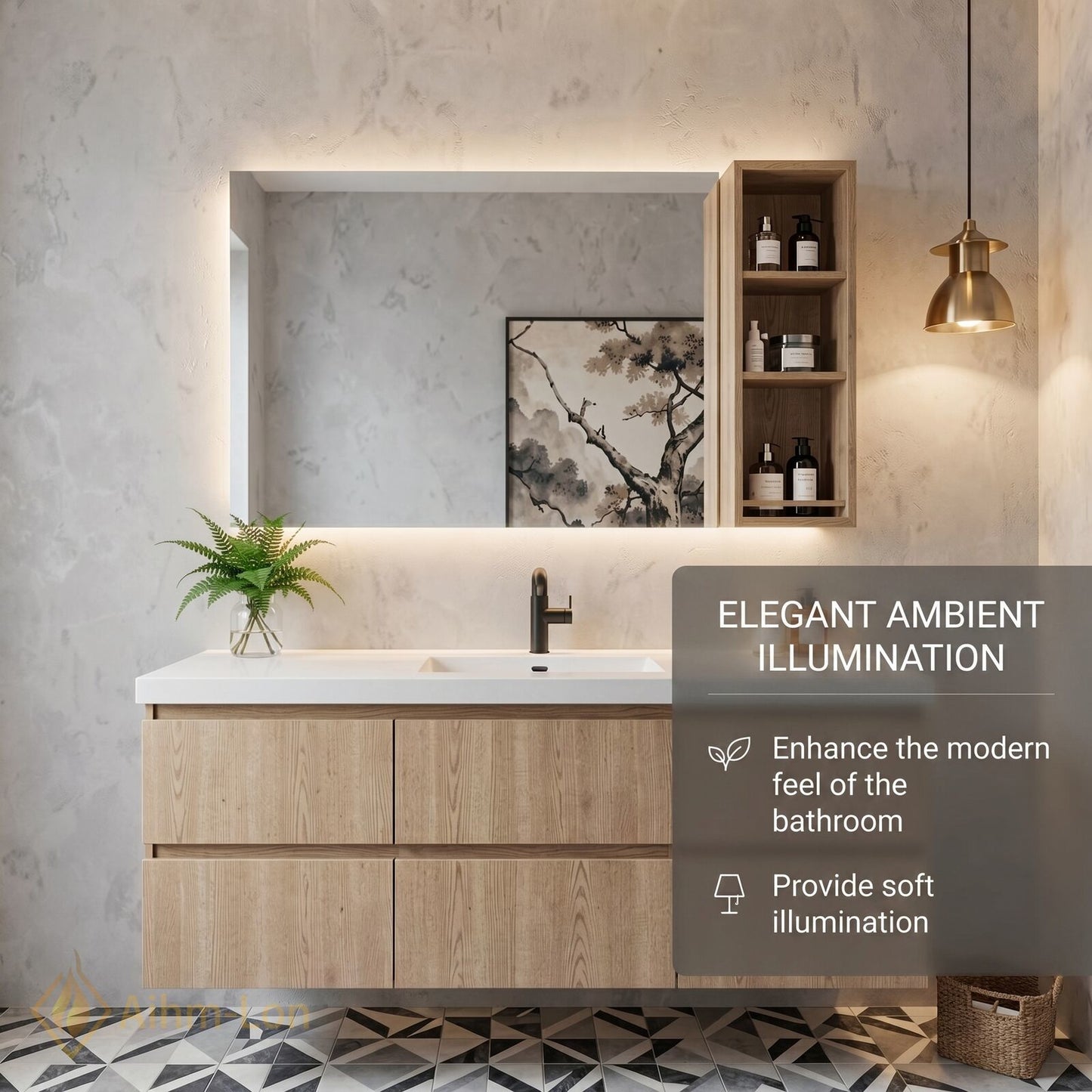 48''-64'' Modern Bathroom Vanity with Sink White Stone Wood Grain Side Shelving