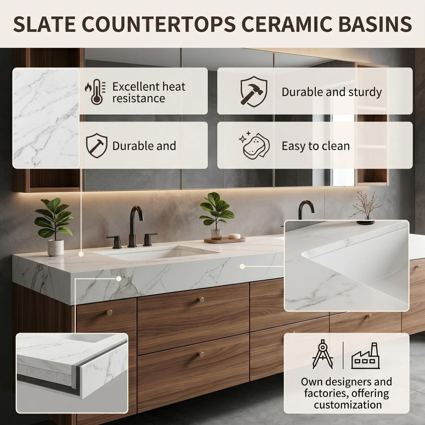 70''-96'' Floating Bathroom Vanity with Sink Double Sink Warm Wood Grain Marble Top Cabinet