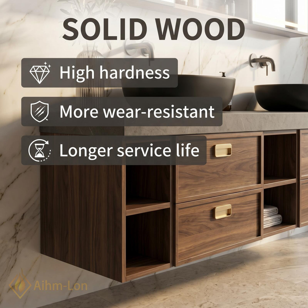 60''-96'' Double Bathroom Vanity with Sink Modern Floating Dark Walnut Open Shelving