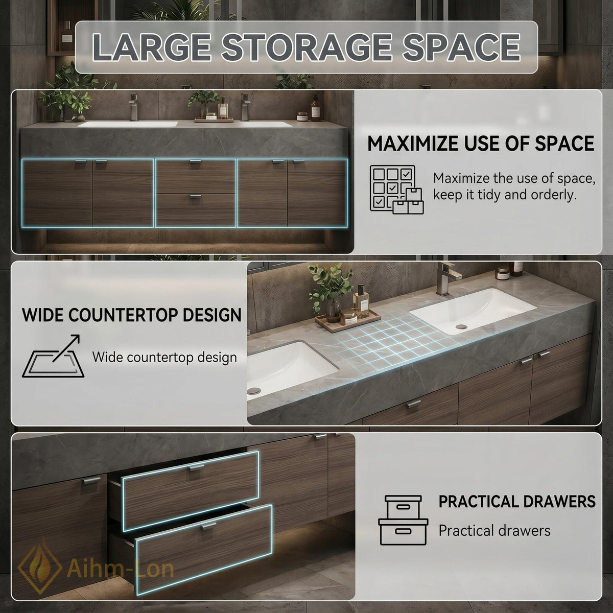 60''-96'' Double Bathroom Vanity with Sink Charcoal Finish Mirror Cabinet Drawers