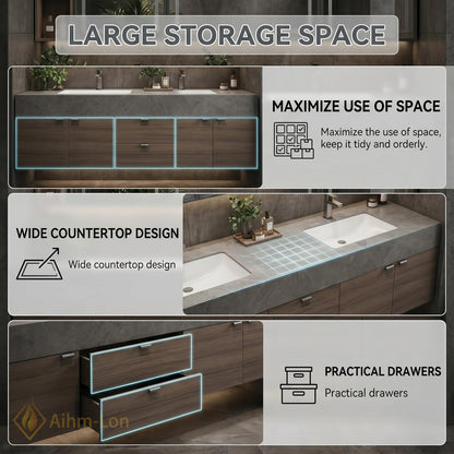 60''-96'' Double Bathroom Vanity with Sink Charcoal Finish Mirror Cabinet Drawers