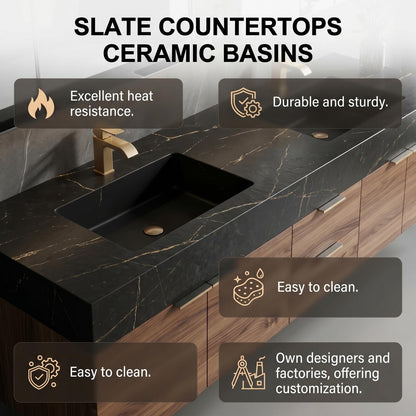 70''-96'' Double Bathroom Vanity with Sink Wall-Mounted Dark Marble Glass Mirror Wood Cabinet