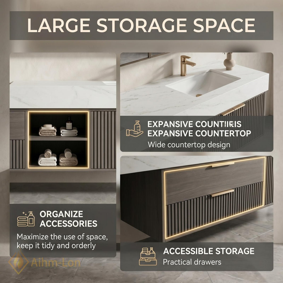 60''-96'' Double Bathroom Vanity with Sink Dark Stone Fluted Glass Panels Storage