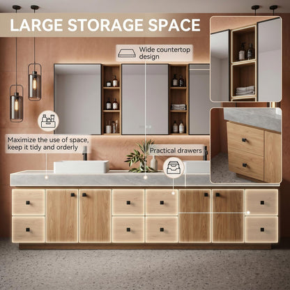 60''-96'' Double Bathroom Vanity with Sink Modern Floating Stone-Textured Wood Grain Finish